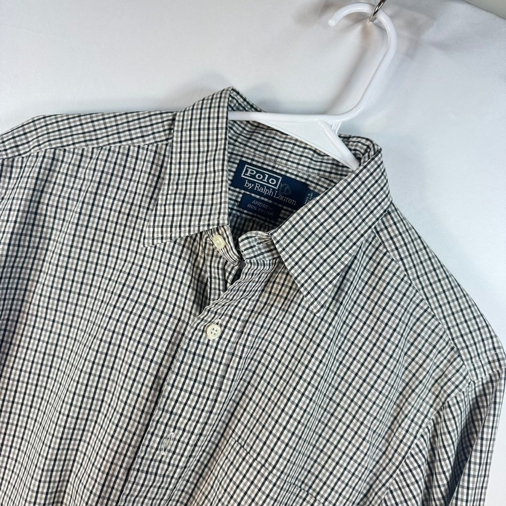 Polo Ralph Lauren Andrew Shirt Men 15.5 32/33 Black Grey Plaid Cotton Long Sleev